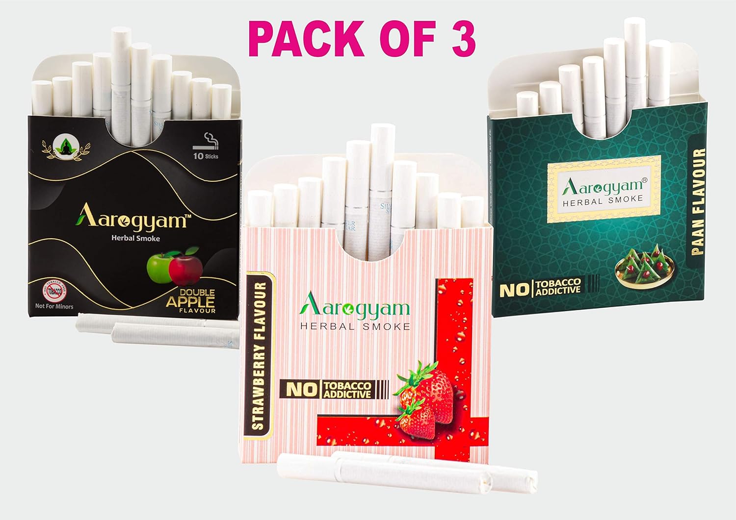 Aarogyam Herbals Tobacco & Nicotine Free Flavored Smoke For Relieve Stress And Mood Enhance Product - Double Apple, Strawberry, Paan Masala Flavour - Pack Of 3 30 Sticks Aarogyam Herbals Tobacco & Nicotine Free Flavored Smoke For Relieve Stress And Mood Enhance Product - Double Apple, Strawberry, Paan Masala Flavour - Pack Of 3 30 Sticks
