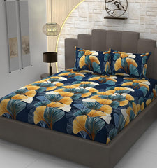 Elastic Fitted Double Bedsheets For King Size With 2 Pillow Covers - 72 X 78 X 10 Inches, Dark Blue | Premium Heavy Cotton All Around Elastic Fitted | Ideal For Hotel, Home, Bedroom