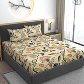 Feel Glace Cotton Bedsheets Elastic Fitted Printed King Size Double Bedsheet With 2 Pillow Covers - 72x78x10 Inches, Beige | Premium Feel Cotton Bedsheets