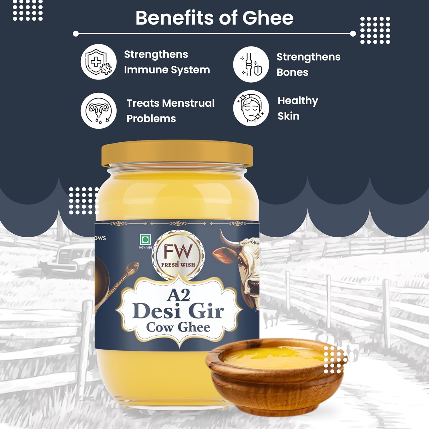 Natural Premium A2 Gir Cow Ghee By Fresh Wish | Naturally & Healthy Bilona Method Cow Ghee Good For Dishes | (1 Litre) 33.8 Ounce | Jar Pack Natural Premium A2 Gir Cow Ghee By Fresh Wish | Naturally & Healthy Bilona Method Cow Ghee Good For Dishes | (1 Litre) 33.8 Ounce | Jar Pack