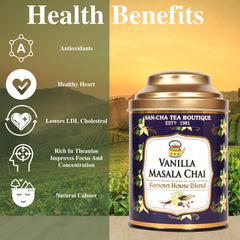 San-Cha Tea Boutique Vanilla Masala Chai - 100gm, 3.5 Ounce | Real Spice Masala Chai Patti - Medium Caffeine Vanilla Cardamom Spiced Tea