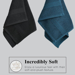 Fresh From Loom Luxury Fur Collection Hand Towel 500 Gsm Napkins Cotton High Absorbency Double Stitched Size (Black & Denim) - Set Of 4