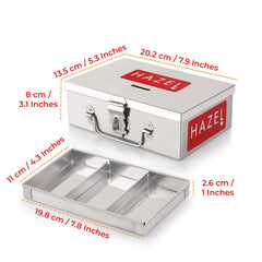 Stainless Steel Cash Box For Shop Counter Drawer, Locking Metal Box For Cash With 4 Compartments For Adults, Set Of 2, Small & Medium, Colour - Silver