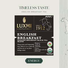 Luxmi Estates English Breakfast Black Tea Blend - 100gm, 3.5 Ounce, 50 Tea Bags | USDA Organic Certified Tea - Darjeeling & Assam Tea | Smooth, Flavorful, Robust, Caffeinated Black Tea