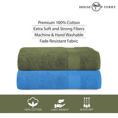 House Of Terry 100% Cotton Bath Towel 1000 Gsm | Quick Dry, Soft & Absorbent, Fade-Resistant, Skin-Friendly Large Size Towel (Olive Green & Blue) - Pack Of 2