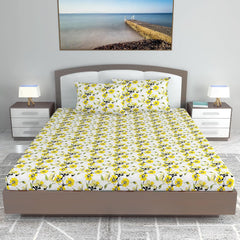 Cotton Extra Double Bedsheet For King Size With 2 Pillow Covers | 108 X 108 Inches, Yellow & White - Ideal For Home, Guest House, Hotel | Soft & Breathable Fabric