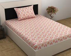 100% Cotton Single Bedsheet With 1 Matching Pillow Covers - 57 X 87 Inches, White & Red Orange | All Weather Comfort & Bedroom - Softness & Natural Breathability