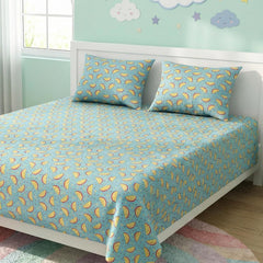 Pure Cotton Kids Bedsheet Double Bed Queen Size With 2 Pillow Covers | 90 X 100 Inches, Sky Blue | Fun Cartoon Theme, Soft & Breathable Fabric