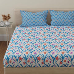 Double Bedsheet For Queen Size With 2 Pillow Covers - 88 X 96 Inches, Blue & Yellow | Beautiful Print For Luxury Bedsheets