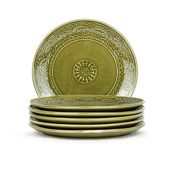 Ceramic Dinner Plates Set Of 6 Pieces, Mehndi Green Carving Series | Ceramic Plates Set With Glossy Finish - Dinner Plates Ceramic | Set Of 6 Plates For Dinner - Microwave Safe & Chip Resistant
