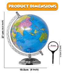 Globe For Kids, Stem Steam Educational World Globe With Magnifying Glass For Kids, Office, Students - 8 Inch (Blue) Political Globe, Pack Of 1
