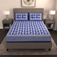 Handloom Printed Double Bedsheet For Queen Size With 2 Matching Pillow Cover | Size 90 X 100 Inches, Blue & White - Cotton Bedsheets For Double Bed | Soft & Smooth