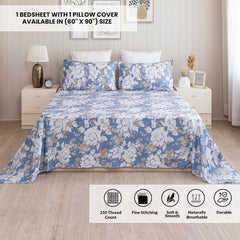 Cotton Flat Bedsheet With One Pillow Cover - 60 X 90 Inches, Blue & White | Perfect For Home Decor & Gifting | Soft Floral Bedsheet