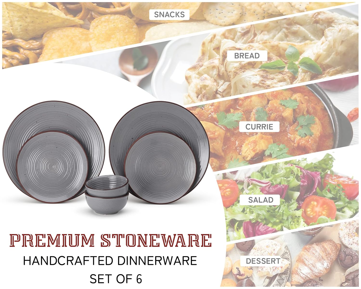 Hand Painted Ceramic Stoneware Dinner Set Of 6 - Grey | 2 Dinner Plates, 10 Inch Each+ 2 Small Plates, 7 Inch Each + 2 Small Dinner Bowls, 180ml Each - Microwave & Dishwasher Safe Hand Painted Ceramic Stoneware Dinner Set Of 6 - Grey | 2 Dinner Plates, 10 Inch Each+ 2 Small Plates, 7 Inch Each + 2 Small Dinner Bowls, 180ml Each - Microwave & Dishwasher Safe