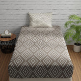 144 TC Bedsheet For Single Bed Cotton With Pillow Cover - 55 X 88 Inches, Taupe & White | Soft & Breathable Premium Printed Design Bedsheet