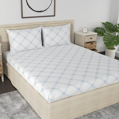 Premium Cotton Bedsheet For Double Bed King Size With 2 Pillow Covers - (108 X 108 Inches) White (Blue Pattern) | Ideal For All Season Comfortable Bedsheet