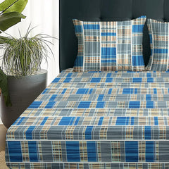 Elastic Fitted Queen Size Bedsheet With 2 King Size Pillow Covers - 60 X 72 Inches, Grey & Blue | Ideal For House, Hotel, Guest Room