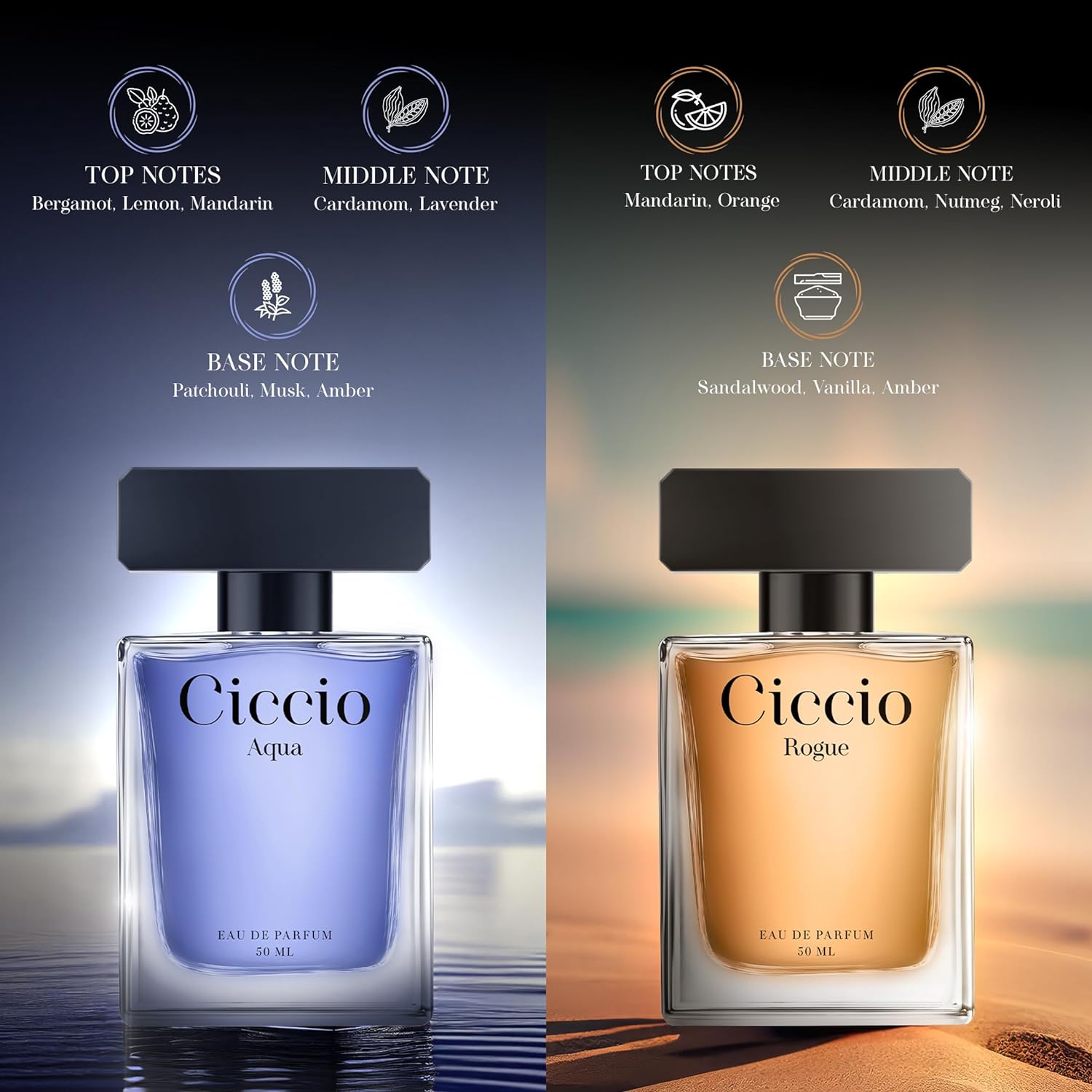 Ciccio Aqua + Rogue Eau De Parfum 50ml 1.7 Fl.oz. Each Combo Pack Of 2 | Men Fragrance | Long Lasting Ciccio Aqua + Rogue Eau De Parfum 50ml 1.7 Fl.oz. Each Combo Pack Of 2 | Men Fragrance | Long Lasting