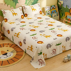 Kids Double Bed Bedsheet Set With 2 Pillow Covers - 88 X 100 Inches, Off White & Brown | Soft Bedding For Boys & Girls | Jungle Safari Print