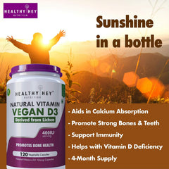 Healthyhey Vegan Vitamin D3 Natural Plant Based Non Gmo - Gluten Free - 400 Iu | 120 Veg Capsules , 200gm 0.4lbs