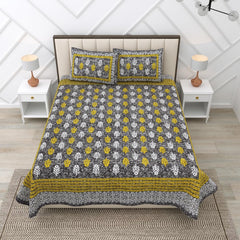 Pure 100% Cotton Double Bed Sheet With 2 Pillow Covers - 90 X 100 Inches, Grey & Green | Beautifully Handcrafted Traditional Bedsheets - Skin Friendly Fabric