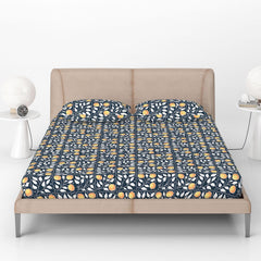 Printed King Size Double Bedsheet With 2 Pillow Cover For Bedroom | 72 X 78 + 9 Inches, Blue & White - All Around Elastic Fitted | Ideal For Everyday Use
