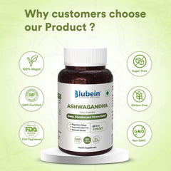 Blubein Ashwagandha Natural Stress Reliever, Enhances Physical Performance 500mg With 5% Withanolides, For Stress Relief & Anxiety Reduction | 60 Tablets 100gm 0.2lbs Each Pack Of 3