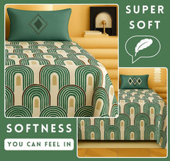 1 Double Bedsheet With Two Pillow Covers - 90 X 94 Inches, Green & Ivory | 300 Thread Count Super Soft Bed Sheet For King Size Bed