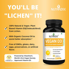 Nutrazee Vegan Vitamin D3 Supplement For Men & Women, Cholecalciferol, Plant Based Natural From Lichen With Organic Coconut Oil, Joint & Muscles Health | 60 Capsules , 100gm 0.2lbs