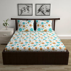 Queen Size Double Bedsheet With 2 Pillow Covers - 87 X 100 Inches, White & Aqua | 144 Thread Count Pure Cotton Bedsheet - Light Weight, Soft, Skin Friendly | Perfect For Gifting