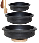 Deep Burned Uncoated Clay Pot Or Mitti Handi Combo With 2 Wooden Spatulas Complimentary Pack Of 3 - Black, 1 + 2 + 3 Liters | Pre-Seasoned Mud Pot - Unglazed, Double Fired, Hand Crafted