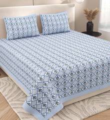 Hand Printed Double Bedsheet For King Size With 2 Pillow Covers | 90 X 108 Inches, Blue & White | Ultra-Soft & Skin-Safe | Breathable Summer Comfort
