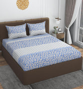 Queen Size Double Bedsheets With 2 Pillow Cover - Size 72 X 72 X 10 Inches, White & Blue | All Around Elastic Fitted - Lightweight, Soft & Comfortable
