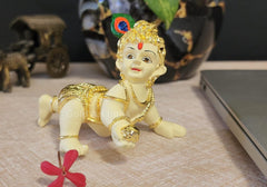 Laddu Gopal Gold Plated Off-White Idol, Bal Gopal, Little Krishna, Synthetic Resin, Makhan Chor Statue, Made In India Using High-Quality Idol, Durable, Special Occasions