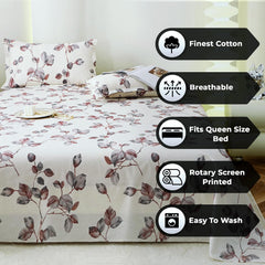 Bedsheet For Double Bed Cotton With 2 Pillow Covers, White & Mauve - Queen Size 88 X 100 Inches | 190 Thread Count - Ideal For Festive Occasions
