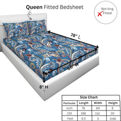 Printed Bedsheet For Queen Size With 2 Pillow Covers - 78 X 60 X 8 Inches, Light Blue | Luxurious Glace Cotton Super Soft | 210 Thread Count