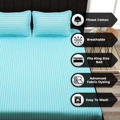 Satin Stripes King Size Cotton Bedsheet With 2 Pillow Covers - 108 X 108 Inches, Sky Blue | Perfect For Home Decor, Guest House | Ideal For All Seasons