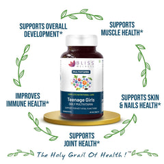 Bliss Welness Teenage Girl Multivitamin With Vitamin & Minerals, Calcium Magnesium Zinc, Aloe Vera , Bamboo & Grapeseed For Immunity, Hair Skin Nails | 60 Tablets , 100gm 0.2lbs