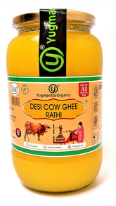 Natural Rathi Desi A2 Cow Ghee By Yugmantra Organic Foods | Natural & Healthy Gir Cow Cultured Desi Ghee Perfect For Energy | (1 Litr) 33.8 Ounce | Jar Pack