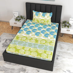 Super Soft Single Fitted Bedsheet With 1 Pillow Cover | 57 X 78 + 6 Inches, White & Green - Perfect For Use In Bedrooms, Guest Rooms, Dormitories