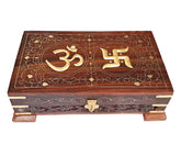 Exquisitely Hand Brass - Filled Wooden Om Box For Good Luck 10 X 6 Inches, Pedestal, Colour - Brown, Material - Seasoned & Dry Rosewood