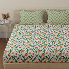 Double Bedsheet For King Size With 2 Pillow Covers - 108 X 108 Inches, Green & Yellow | Beautiful Print For Luxury Bedsheets