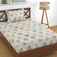 Glace Cotton Single Bedsheet Elastic Fitted With 2 Pillow Cover - 48x78x8 Inches, Multicolor | Soft Touch To Skin | Perfect Ideal For House, Hotel, Guest House Bedsheet
