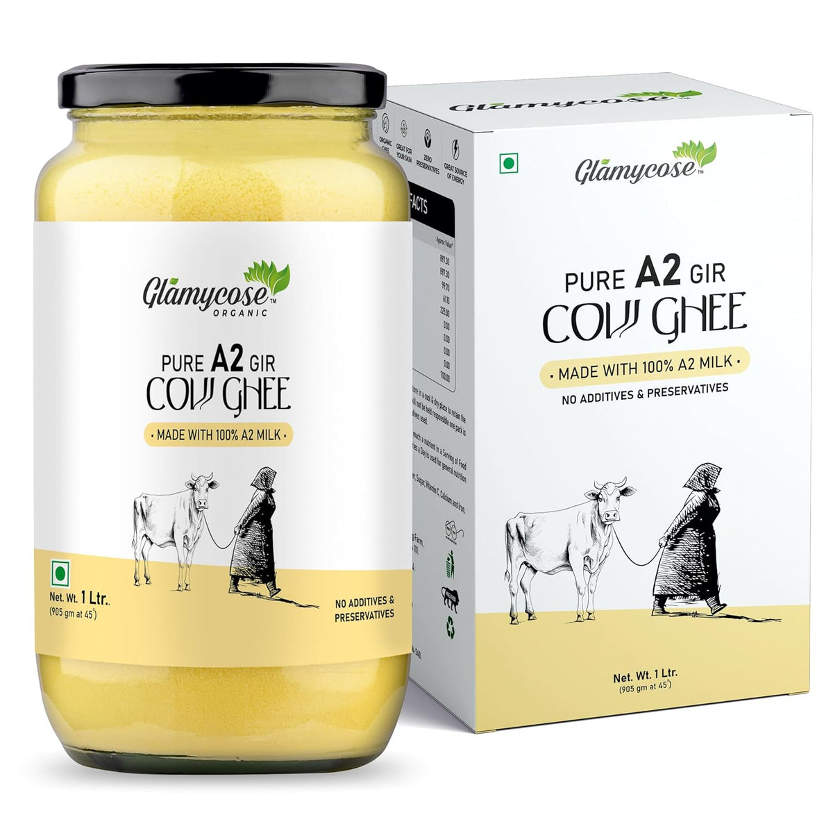 Natural Premium Desi Cow Ghee By Glamycose | High In Protein Fiber Healthy Desi Ghee For Baking | (1 Litr) 33.8 Ounce | Jar Pack