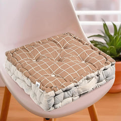 Soft & Comfortable Cotton Chair Cushion Pillow For Sitting, Check Print - Brown | For Pain Relief, Pillow For Office Work & Posture Support | Sitting Cushion & Back Rest For Chair