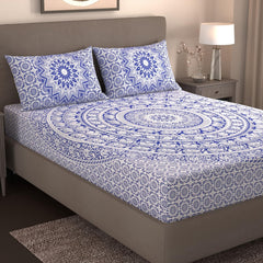 Printed Double Bedsheet For Queen Size With 2 Matching Pillow Cover | Size 90 X 100 Inches, Blue & White - Handloom Cotton Bedsheets For Double Bed | Soft & Smooth