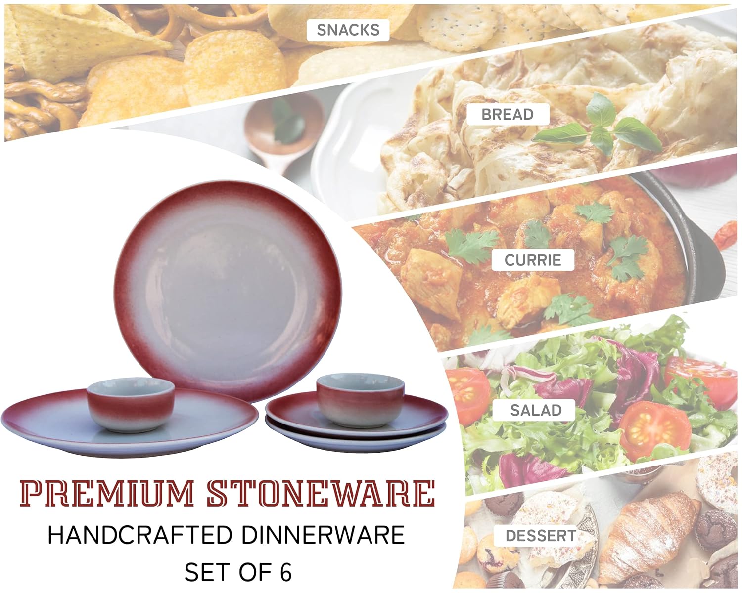 Handcrafted Ceramic Stoneware Dinner Set Of 6 - Off White & Red | 2 Dinner Plates, 10 Inch Each+ 2 Small Plates, 7 Inch Each + 2 Small Dinner Bowls, 180ml Each | Microwave & Dishwasher Safe Handcrafted Ceramic Stoneware Dinner Set Of 6 - Off White & Red | 2 Dinner Plates, 10 Inch Each+ 2 Small Plates, 7 Inch Each + 2 Small Dinner Bowls, 180ml Each | Microwave & Dishwasher Safe