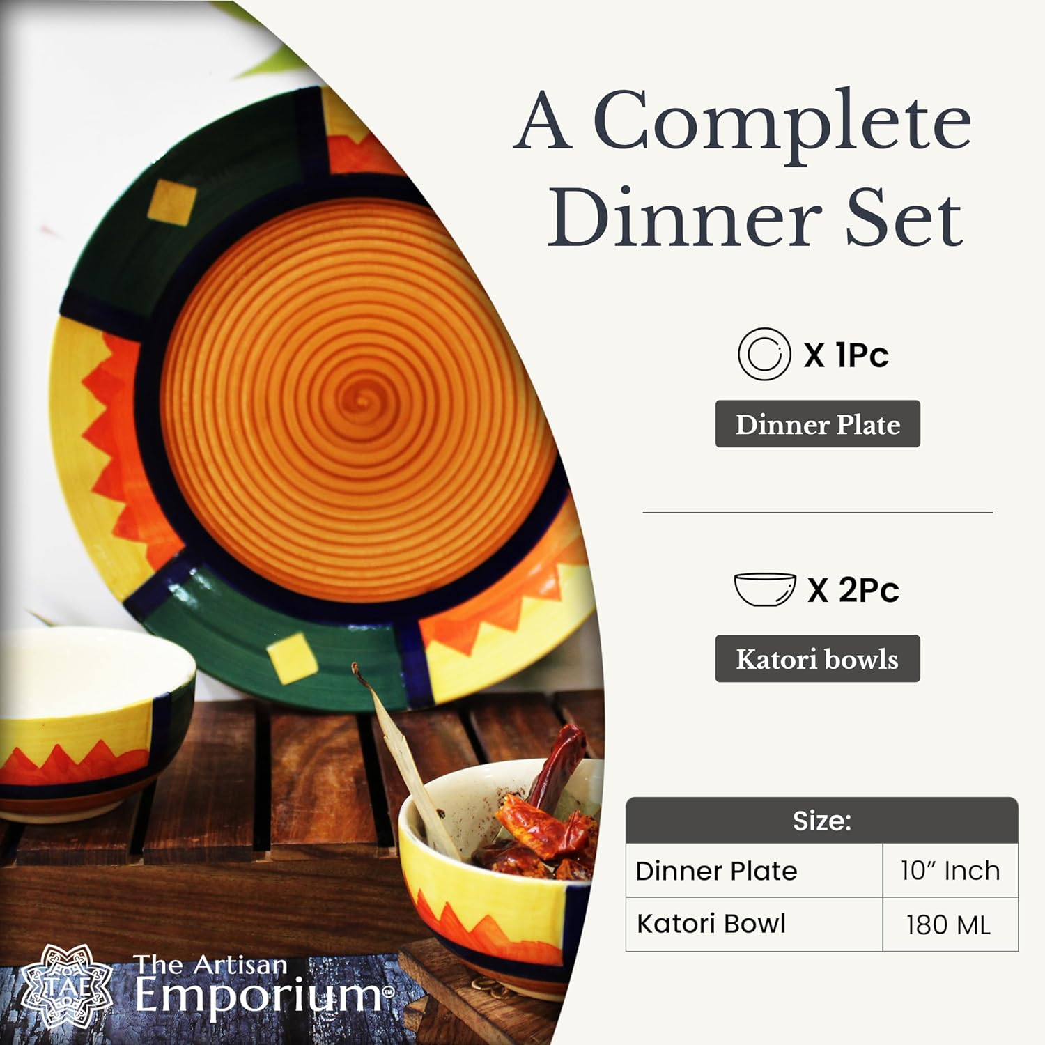 Boho Fiesta Hand Painted Ceramic Dinner Set - 3 Pieces, Multicolor | 1 Dinner Plate + 2 Katori Serving Bowls, 180ml Each | Serving For 1 - Microwave Safe & Dishwasher Safe Boho Fiesta Hand Painted Ceramic Dinner Set - 3 Pieces, Multicolor | 1 Dinner Plate + 2 Katori Serving Bowls, 180ml Each | Serving For 1 - Microwave Safe & Dishwasher Safe