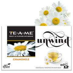 TE-A-ME Unwind Chamomile Tea - 20 Individually Wrapped Infusion Tea Bags | Chamomile Tea For Good Sleep - Caffeine Free, Biodegradable
