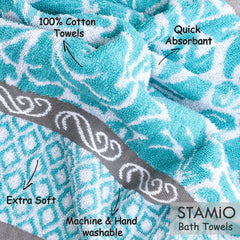 Stamio Cotton Bath Towel 550 Gsm | Extra Soft & Absorbent Large Full Size Towels For Bathing, Home, Sports, Salon, Hotel Use | Jacquard Border (Light Green)